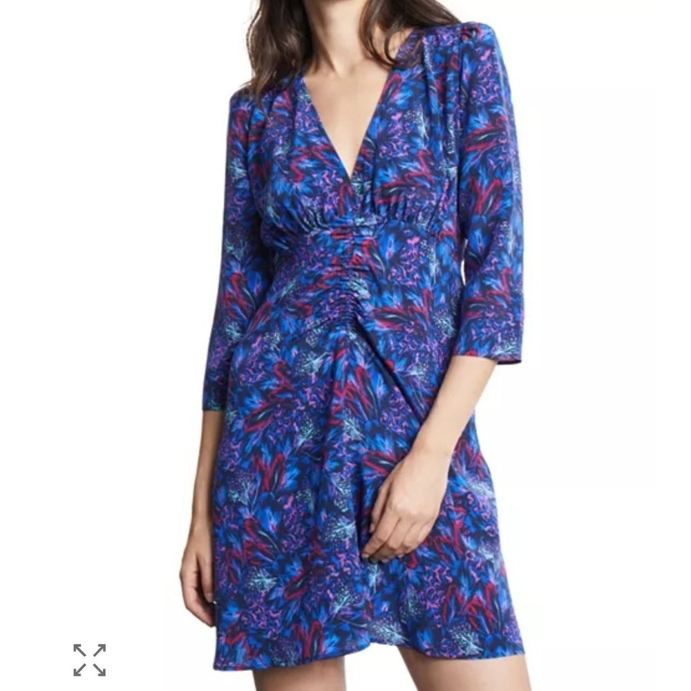 The Kooples Midi Dress New Feathers 100% Silk Ruched 1/2 Sleeve NWT $475 Sz S